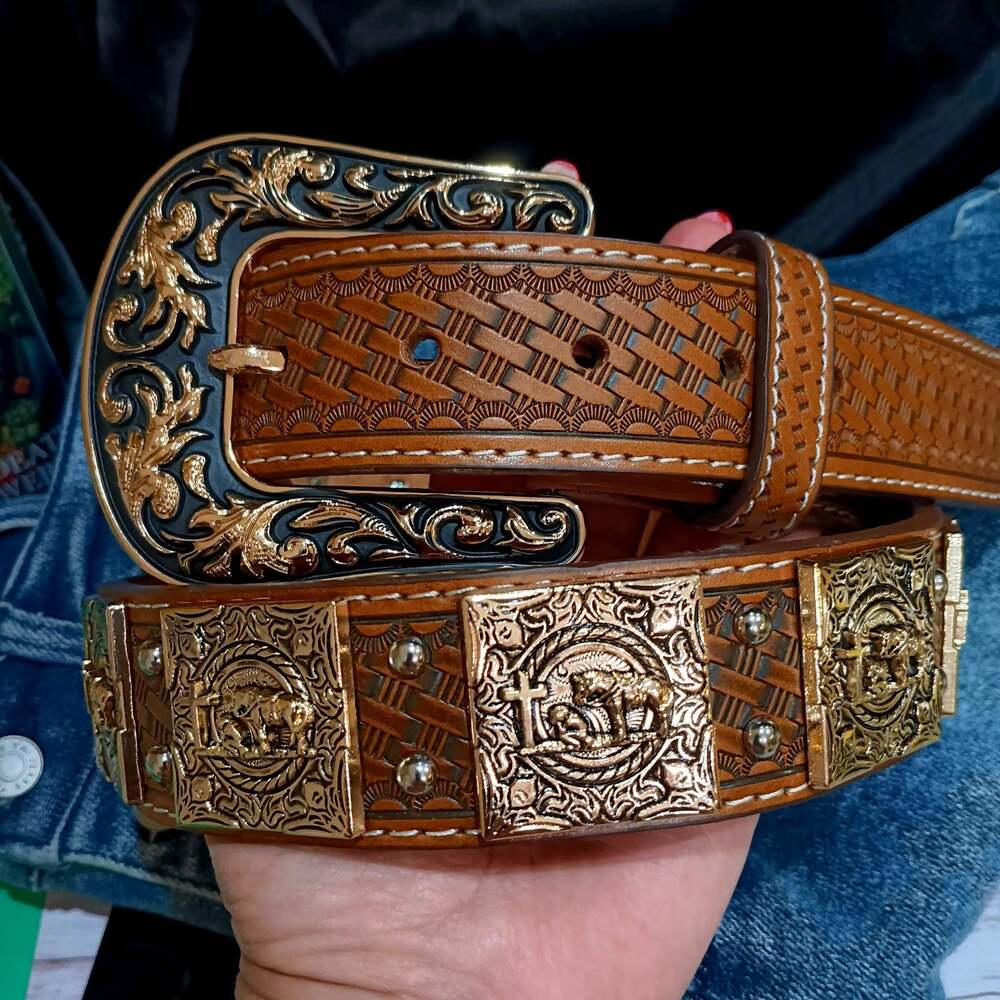 Praying Cowboy Mens Western Belt Brown And Gold Genuine Leather Large